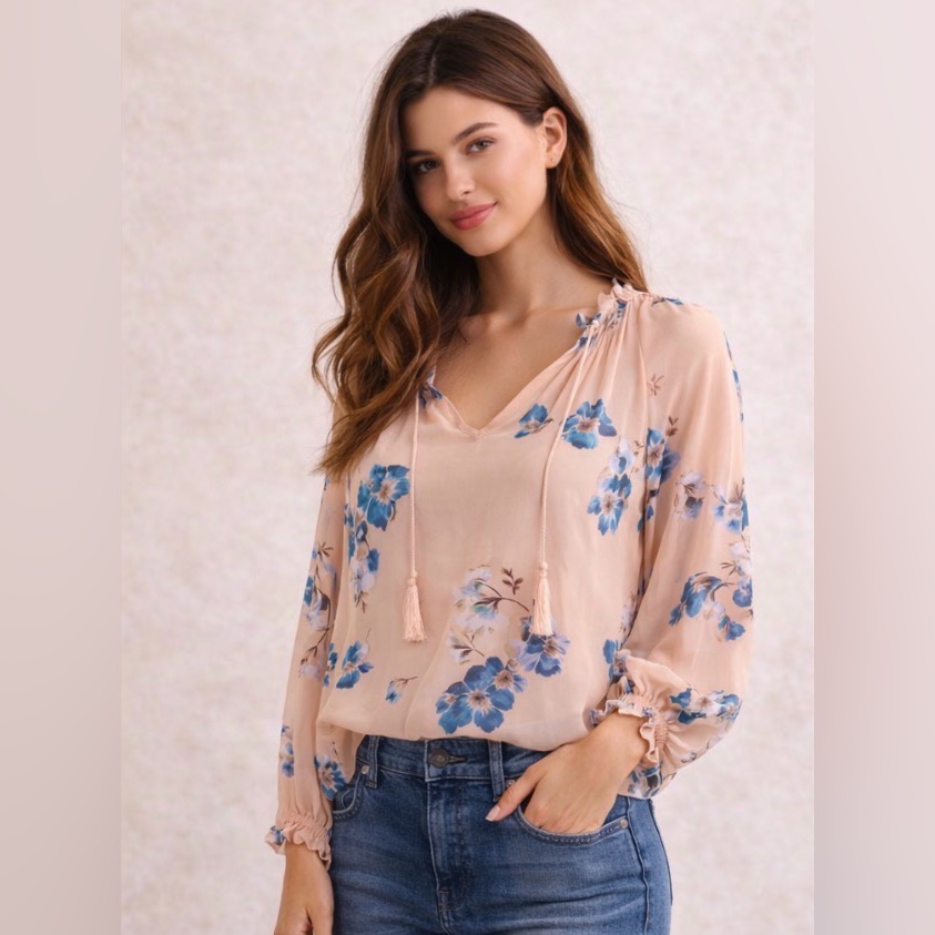 Ulla Johnson Sarna Silk Floral Blouse Nude Pink Boho Romantic Tassel Top Xs New